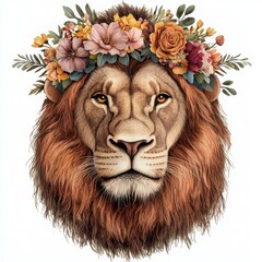 Lion with floral crown, decorative art, white isolated background