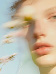 Wall Mural - Blurred Portrait of a Woman with Flowers in the Foreground