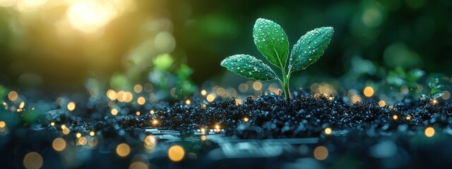 Poster - A Single Sprout Emerging from Dark Soil with Bokeh Lights