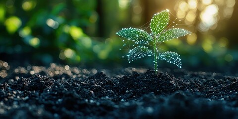 Fototapete - A Young Plant Connected with a Digital Network in a Natural Setting