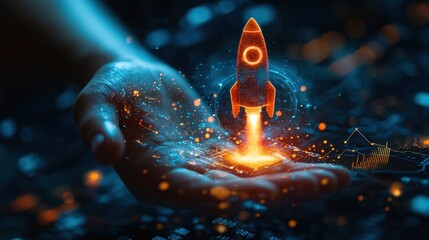 Aufkleber - Hand Holding a Glowing Rocket with a Blurred Background of Data and Lights