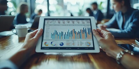 Poster - Person Analyzing Data on a Tablet Computer with Bar Graphs and Charts