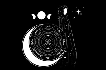 Mystical triple goddess, priestess in wheel of the Year is an annual cycle of seasonal festivals. Wiccan calendar and holidays. Gothic Witch wiccan female sacred design. Vector isolated on black