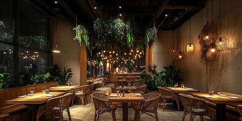 Aufkleber - Chic Dining Space with Inviting Lighting and Plant Decor : Generative AI