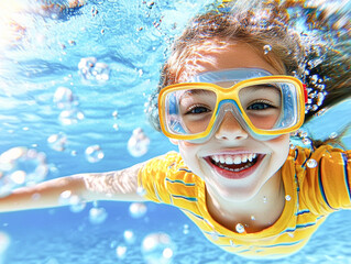 A young girl is swimming in a pool wearing yellow goggles and a yellow shirt