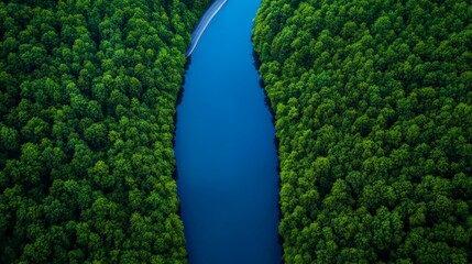 Poster - Serene River Through Lush Forest: A tranquil aerial view of a winding river cutting through a vibrant forest, evoking a sense of peace and serenity.