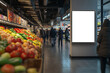 © AspctStyle - Blank digital display mockup in a busy supermarket produce aisle, perfect for showcasing promotions, advertisements, or product information in a retail environment.