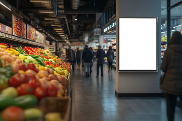 blank digital display mockup in a busy supermarket produce aisle, perfect for showcasing promotions,