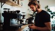 © The Little Hut - Dedicated Barista Crafting Perfect Espresso in Modern Stylish Cafe with Sophisticated Equipment : Generative AI