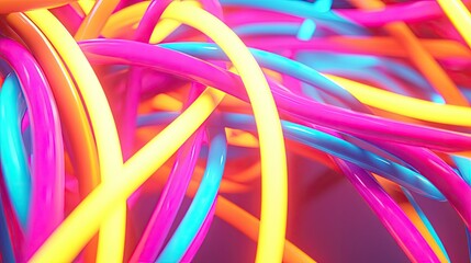 Wall Mural - colorful, intertwined neon wires on a dark background, showcasing vibrant hues and dynamic lines.