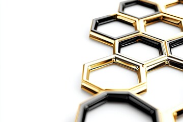 Wall Mural - Gold and black hexagons on a white isolate background.