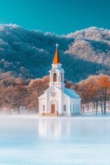 Wall Mural - Serene Winter Wonderland Picturesque White Chapel on a Foggy Lake with a Mountain Forest Backdrop