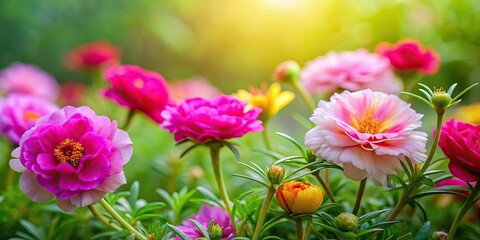 Wall Mural - Vibrant moss rose flowers basking in the sunlight of a lush spring garden , Moss rose, vibrant, flowers, sunny, spring