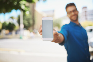 Wall Mural - man, hands or city with phone screen for mockup space, app or advertising in an urban town. closeup,