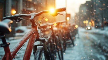 Gentle snow falls on a row of bicycles lined up along a city street, illuminated by warm streetlights, creating a captivating winter urban landscape scene.