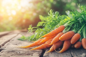 Wall Mural - Fresh organic carrots arranged on a rustic wooden table. The sunlight adds warmth to the scene. Perfect for healthy eating and farm to table concepts. Generative AI