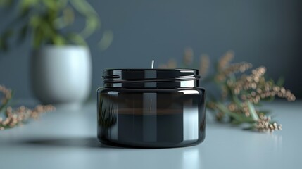 Wall Mural - Elegant black candle jar surrounded by greenery in a serene indoor setting during daylight hours. Generative AI