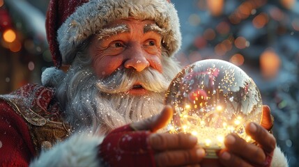 Wall Mural - A cheerful Santa Claus holds a glowing snow globe in a festive winter wonderland filled with decorations. Generative AI