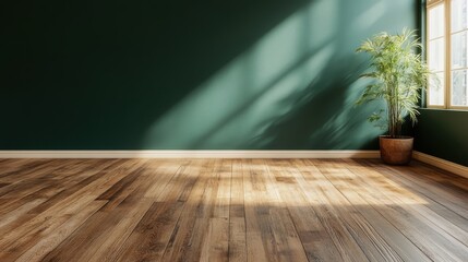 A modern interior featuring a wooden floor bathed in sunlight streaming through windows, paired with green plants, creating a warm and inviting atmosphere.