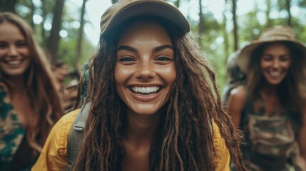 A woman with a joyful smile leads two friends through a lively forest. Their happy expressions reflect the excitement of their outdoor hiking experience.