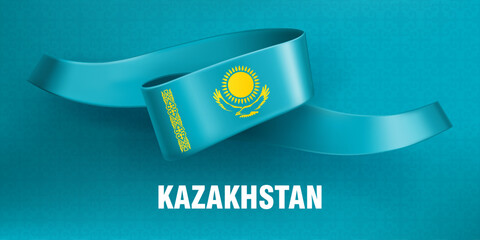 Wall Mural - Flag of Kazakhstan. Waved silk ribbon on a blue background with a traditional kazakh ornament, sun and the eagle. Background for greeting card of national holidays in Kazakhstan