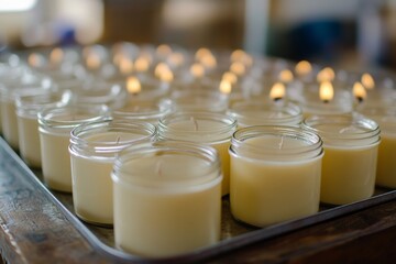 Poster - A batch of handcrafted jar candles with soft, warm light filling glass jars, arranged elegantly on a table. Perfect for decor, relaxation, or cozy gatherings.