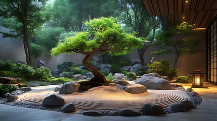 Wall Mural - Tranquil Japanese Zen garden with a large tree, rocks, and white sand.