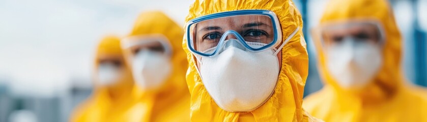 Workers wearing protective gear as they operate machines in a chemical plant, chemical production process, industrial safety