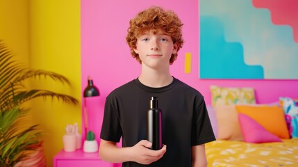 A teenage boy holds a cosmetic bottle mockup in his vibrant, playful bedroom