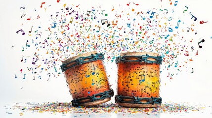 Wall Mural - Pair of vintage-style drums burst with an explosion of vibrant musical notes and confetti, evoking themes of nostalgia, celebration, and the joy of music.