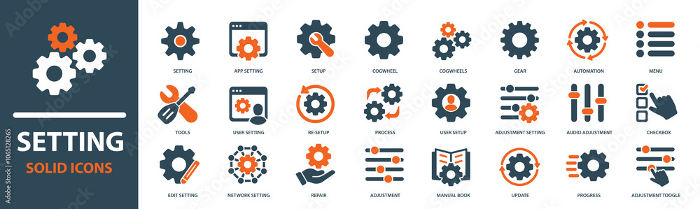 Setting solid icons collection. Containing setup, gear, tool ...