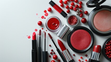 Wall Mural - Collection of red-toned beauty products including lipsticks, mascara, blush, and glitter arranged on a white surface for flat lay composition, vibrant, bold makeup setup focused on red hues.