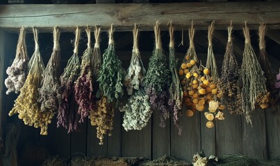 an array of various dried herbs and flowers hanging from a barn's wooden beams, tied with twine