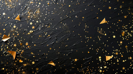 Wall Mural - Golden stars and confetti on textured black background