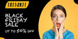 © vgstudio - Black Friday Sale 50% discount ad concept - shock excited surprised, amazed, very happy woman wear knitted sweater, isolated yellow background. Mockup template design advertisement banner image.
