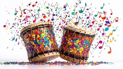 This vibrant image showcases two traditional drums, surrounded by a cascade of colorful musical notes and confetti, symbolizing festivity and joyous celebration.