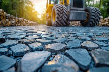 Cobblestone Road with Blurred Excavator in the Background