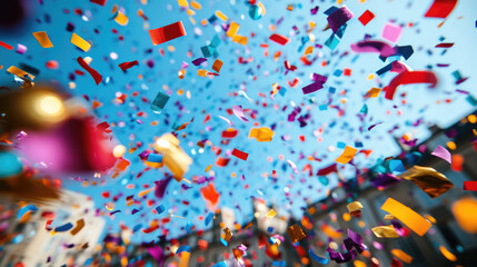 Colorful confetti rains down from the clear blue sky, creating a joyful atmosphere at an outdoor celebration with cheerful participants