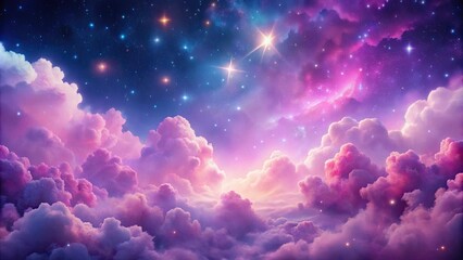Wall Mural - Fantasy of pink fluffy clouds with stars and nebula in the background, pink, fluffy, clouds, sky, stars, nebula, fantasy