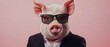 © maesarin - Stylish well dressed pig wearing a suit and sunglasses looking straight at the with a confident assertive expression in a studio setting