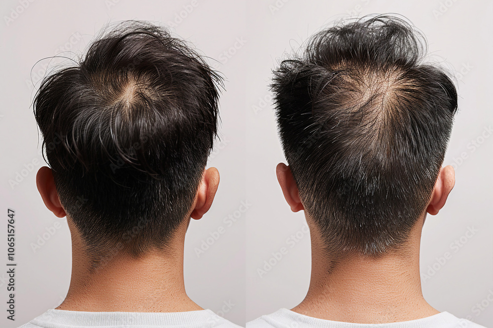 Generative AI collage two photos of male before after anti hair loss ...