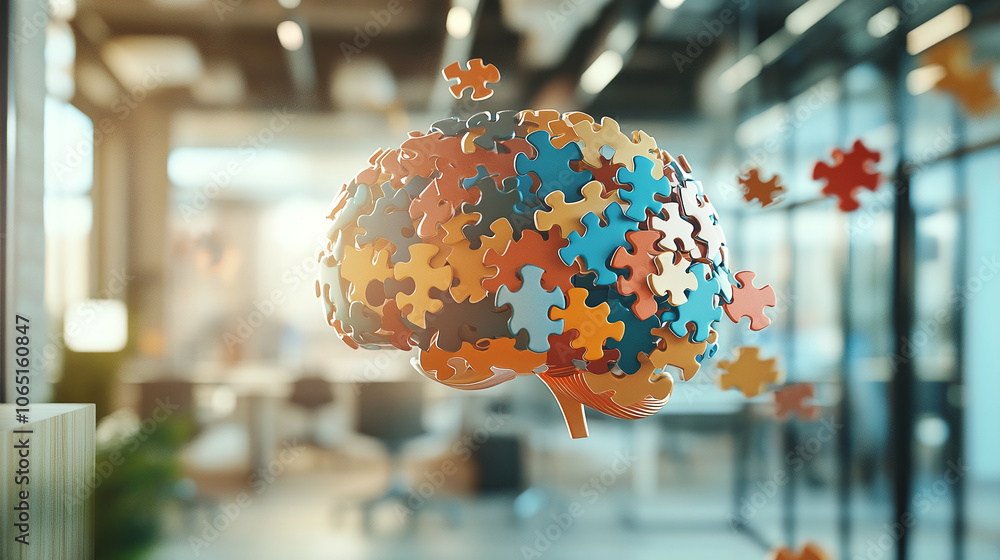 Vibrant 3D rendering of colorful puzzle pieces forming a brain shape ...