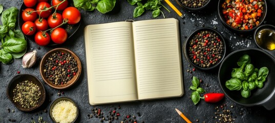 Wall Mural - Blank Cookbook Surrounded by Fresh Herbs, Colorful Spices, and Ripe Vegetables, Top View