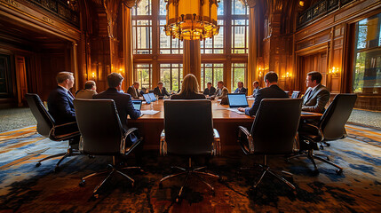 A group of people are sitting in a large room with a chandelier above them