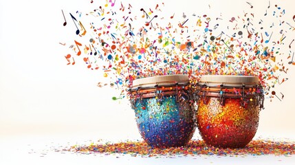 Wall Mural - The image depicts musical bongos adorned with a colorful mosaic pattern, erupting with musical notes and confetti, representing artistic flair and lively rhythm.