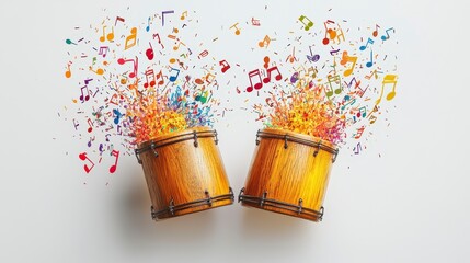 Wall Mural - This artistic image captures the dynamic movement of two drums in a burst of colorful music notes and confetti, symbolizing rhythm, creativity, and festive joy.