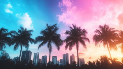 Wall Mural - Neon City Dreams - Retro Synthwave Future with Pastel Colors and Palm Trees