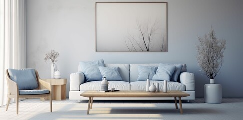 Wall Mural - Minimalist living room with white sofa and wood accents.