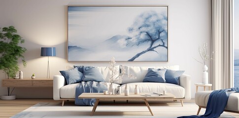 Wall Mural - Minimalist living room with blue accents.