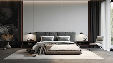 Wall Mural - Modern bedroom with large bed and white rug.